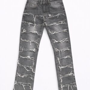 Men’s Distressed Gray Skinny Jeans Heavy Ripped Streetwear Denim Pants Small